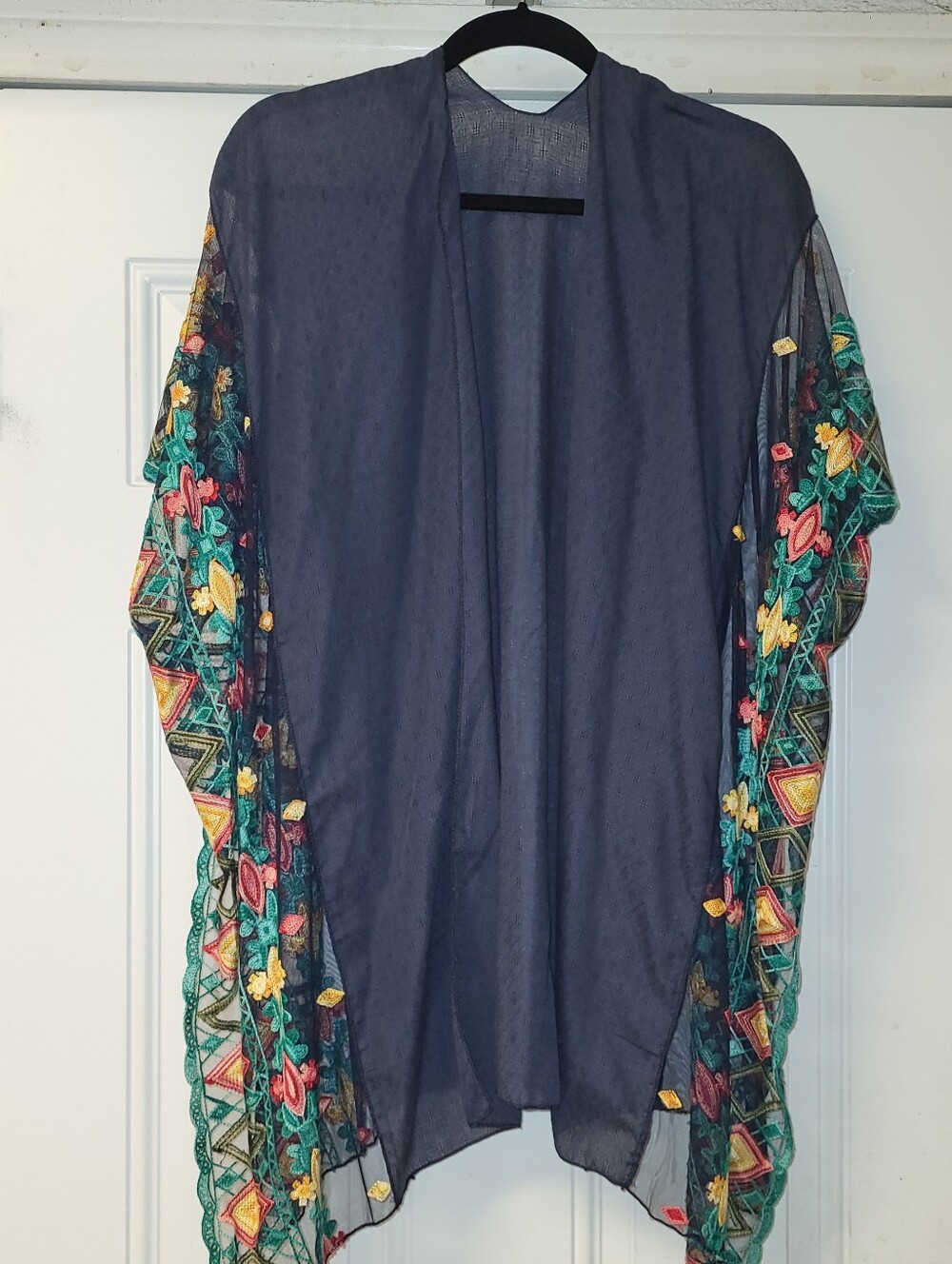 Embroidered Navy Mesh Kimono With Embroidery